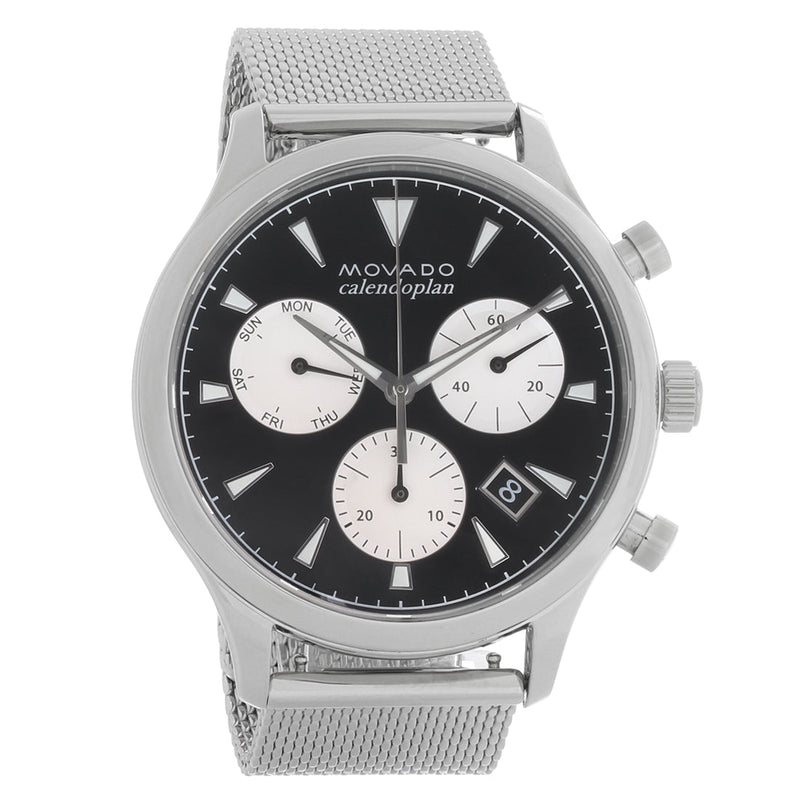 Shop Movado Heritage Calendoplan Chronograph Black Dial Silver Mesh Strap Watch for Men - 3650097 in USA