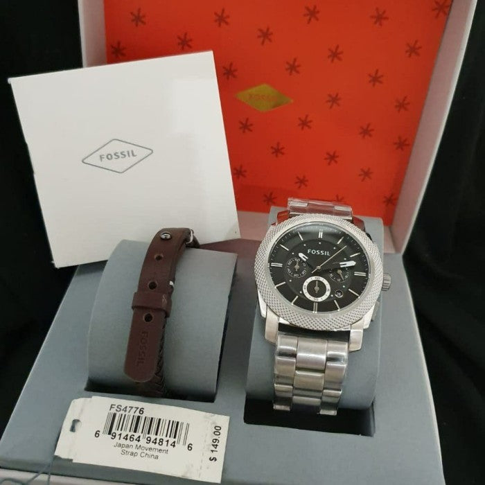 Fossil Machine Chronograph Black Dial Silver Steel Strap Watch for Men - FS4776