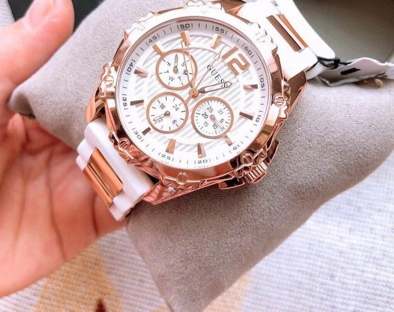 Guess Intrepid White Dial Two Tone Silicone Strap Watch For Women - W0325L6 Buy Now By Guess