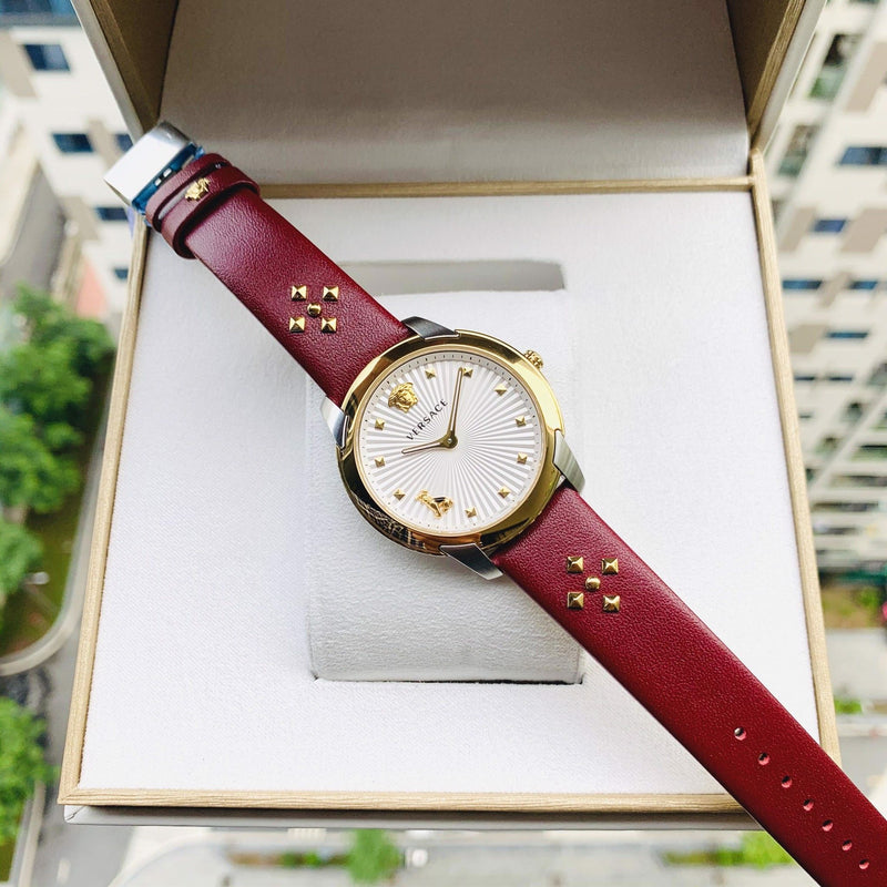 Versace Audrey Quartz Silver Dial Red Leather Strap Watch for Women - VELR00219 Buy Now By Versace