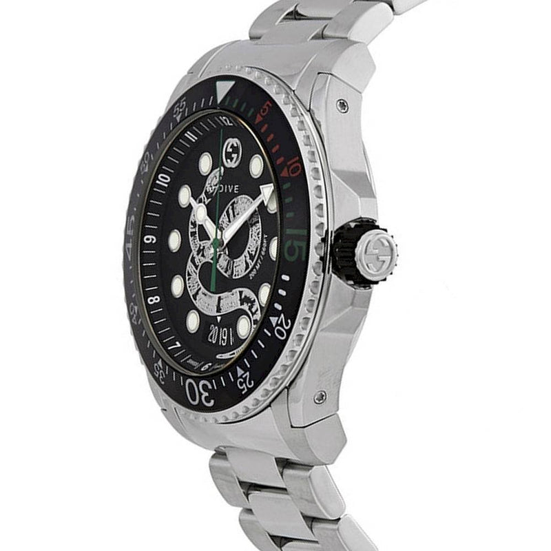 Shop Gucci Dive Snake Black Dial Silver Steel Strap Watch For Men - YA136218 in USA