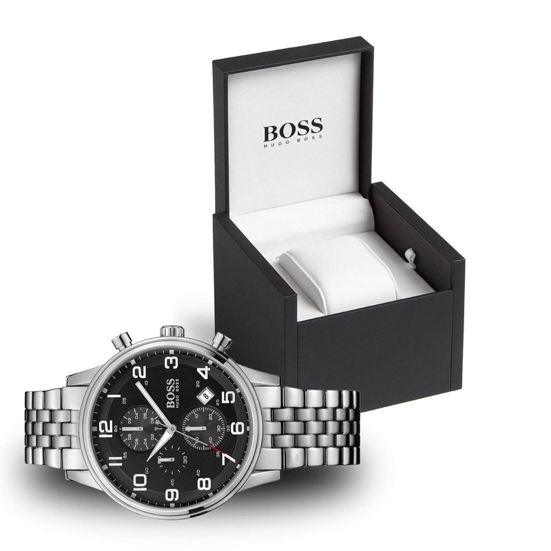Hugo Boss Aeroliner Chronograph Black Dial Silver Steel Strap Watch For Men - 1512446
