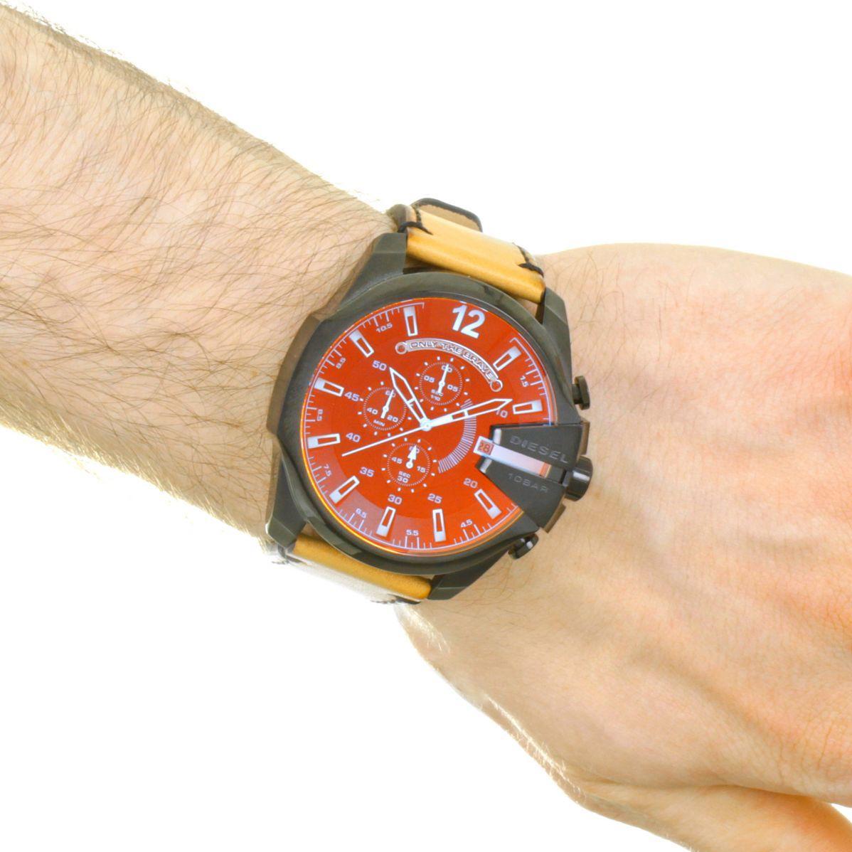 Diesel Mega Chief Chronograph Black Dial Brown Leather Strap Watch For Men - DZ4476