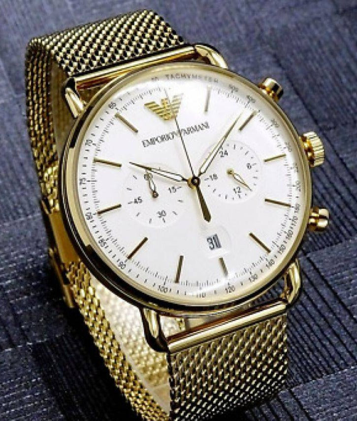 Emporio Armani Aviator Chronograph Quartz Beige Dial Gold Mesh Bracelet Watch For Men - AR11315 Buy Now By Emporio Armani
