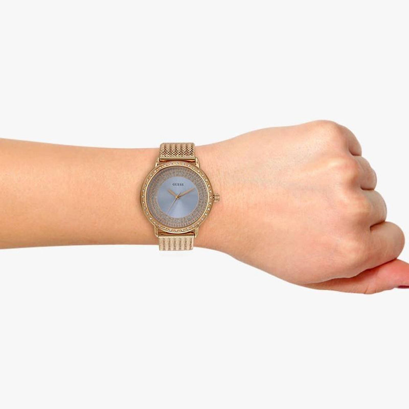 Shop Guess Willow Crystal Blue Dial Rose Gold Mesh Bracelet Watch For Women - W0836L1 in USA