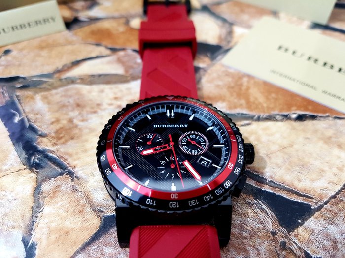 Burberry The City Chronograph Black Dial Red Rubber Strap Watch For Men - BU9805 Buy Now By Burberry