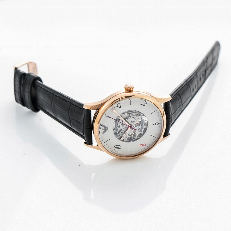 Emporio Armani Meccanico White Skeleton Dial Black Leather Strap Watch For Men - AR1924 Buy Now By Emporio Armani