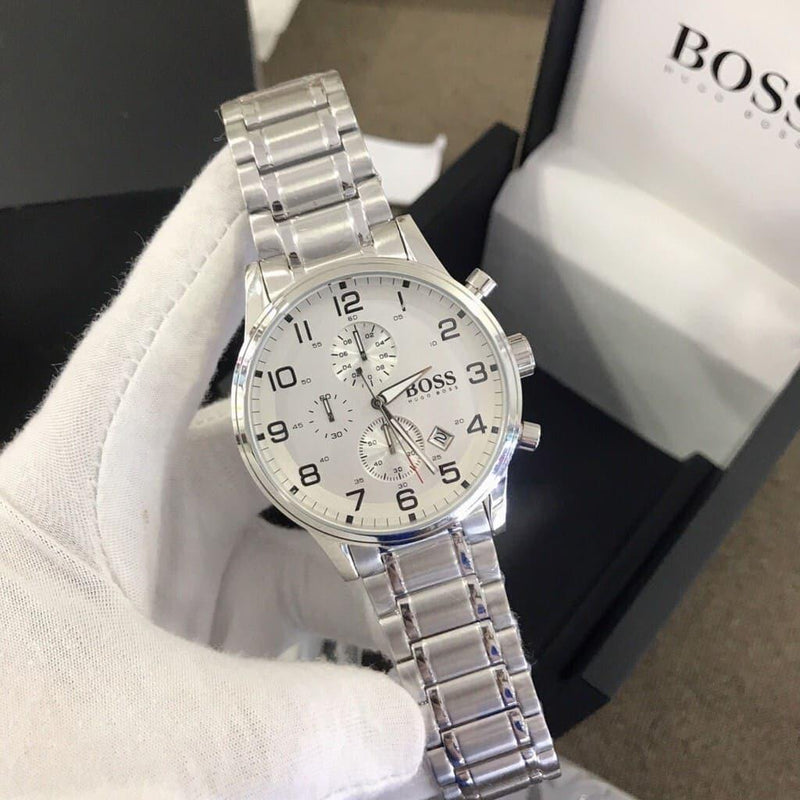 Hugo Boss Aeroliner Chronograph White Dial Silver Steel Strap Watch for Men - 1513182 Buy Now By Hugo Boss