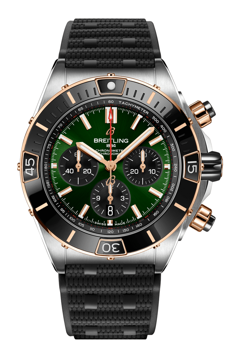 Breitling Super Chronomat B01 44 Green Dial Black Rubber Strap Watch for Men - UB0136251L1S1