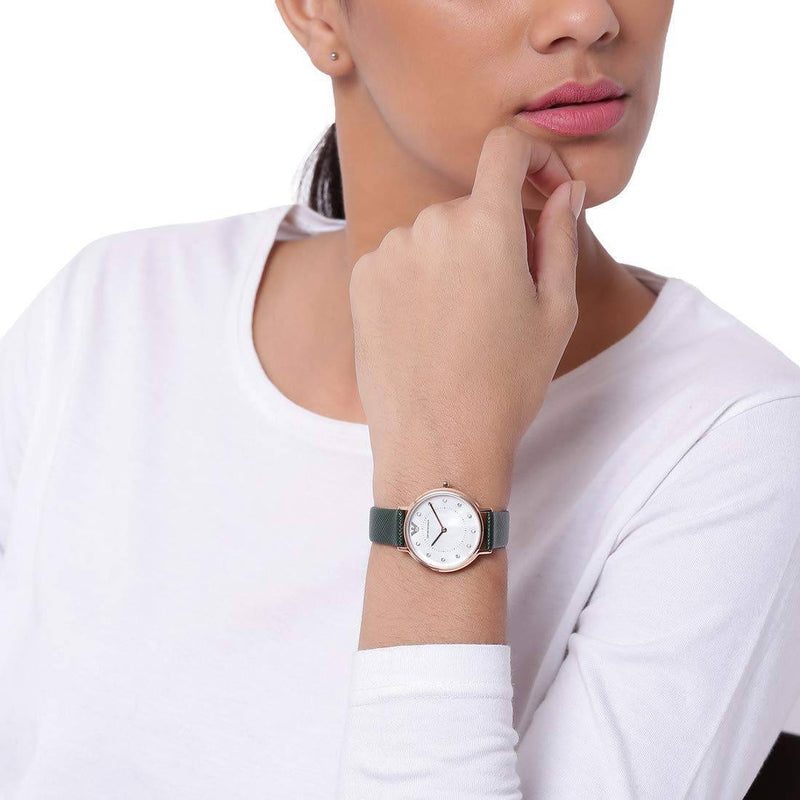 Emporio Armani Mother of Pearl Dial Green Leather Strap Watch For Women - AR11150 Buy Now By Emporio Armani