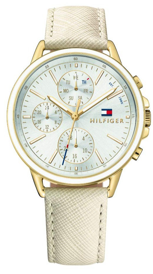 Shop Tommy Hilfiger Carly Silver Dial Cream Leather Strap Watch for Women - 1781790 in USA