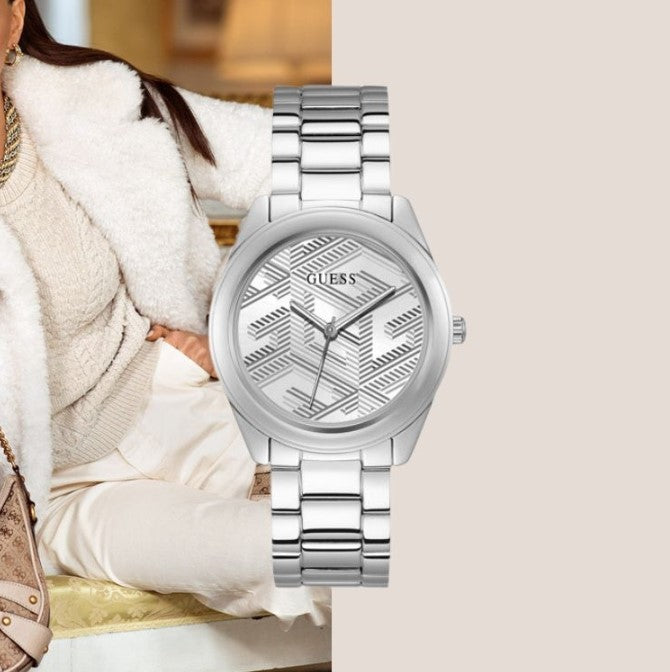Shop Guess Cubed Analog Silver Dial Silver Steel Strap Watch For Women - GW0606L1 in USA