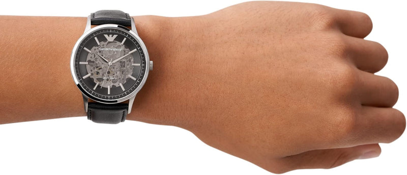 Emporio Armani Meccanico Skeleton Automatic Black Dial Black Leather Strap Watch for Men - AR60038 Buy Now By Emporio Armani