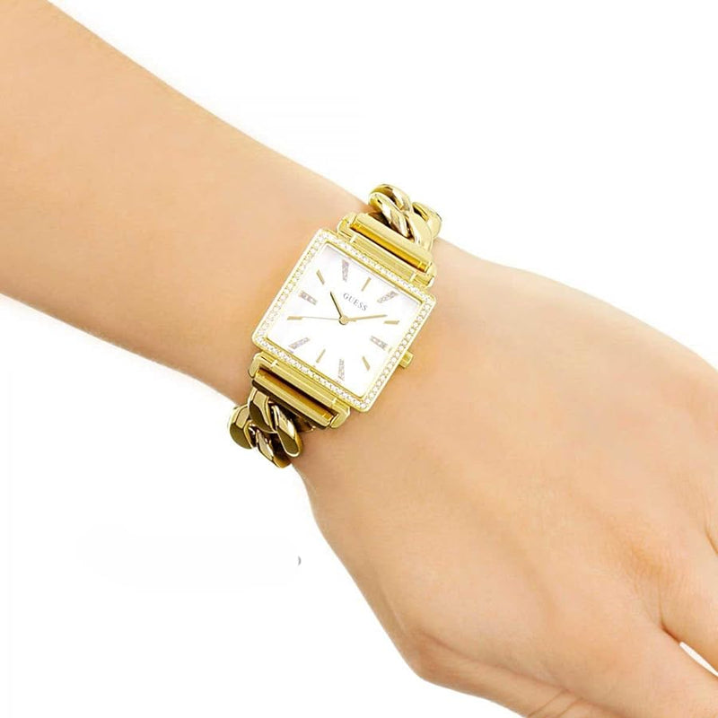 Shop Guess Vanity Diamonds Silver Dial Gold Steel Strap Watch for Women - W1030L2 in USA