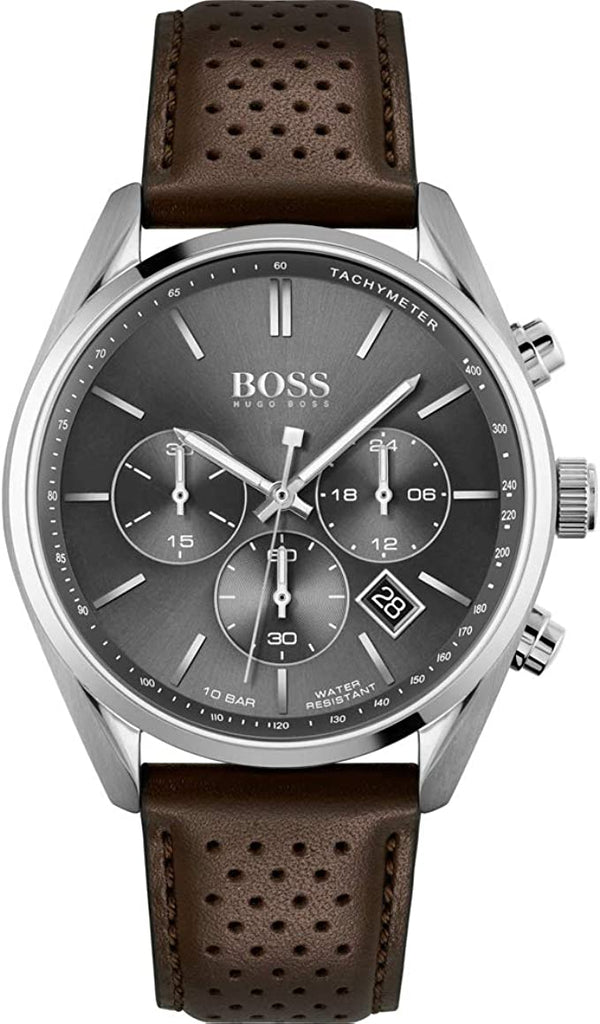 Shop Hugo Boss Champion Grey Dial Brown Leather Strap Watch for Men - 1513815 in USA