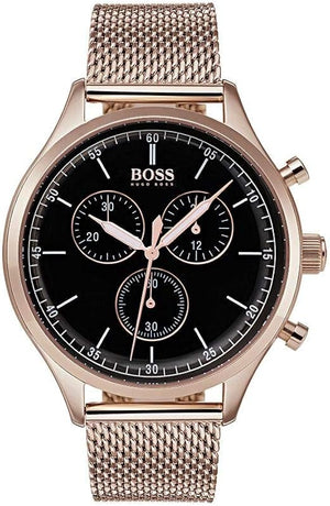 Hugo Boss Companion Chronograph Black Dial Rose Gold Mesh Strap Watch For Men - 1513548