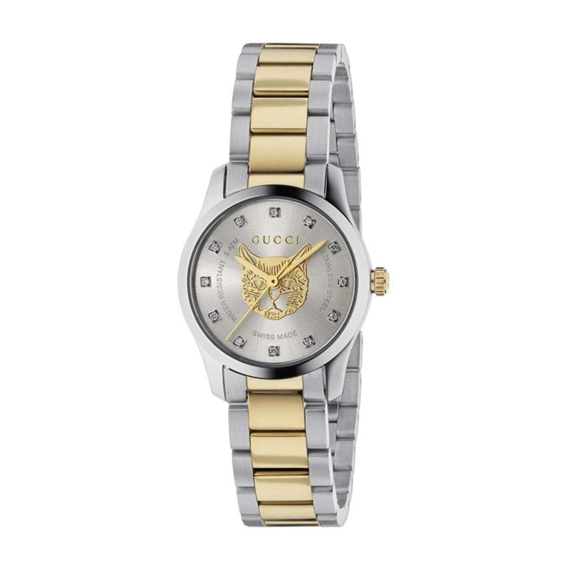 Shop Gucci G Timeless Quartz Diamonds Silver Dial Two Tone Steel Strap Watch For Women - YA1265016 in USA