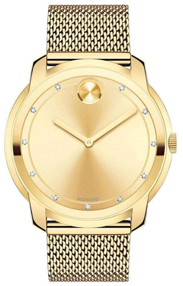 Shop Movado Bold Diamonds Gold Dial Gold Mesh Bracelet Watch For Men - 3600460 in USA