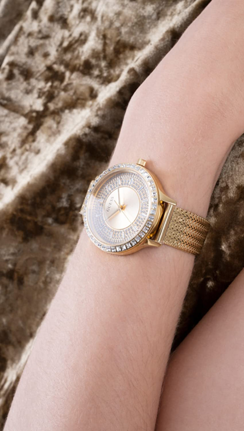 Shop Guess Soiree Diamonds Gold Dial Gold Mesh Bracelet Watch for Women - GW0402L2 in USA
