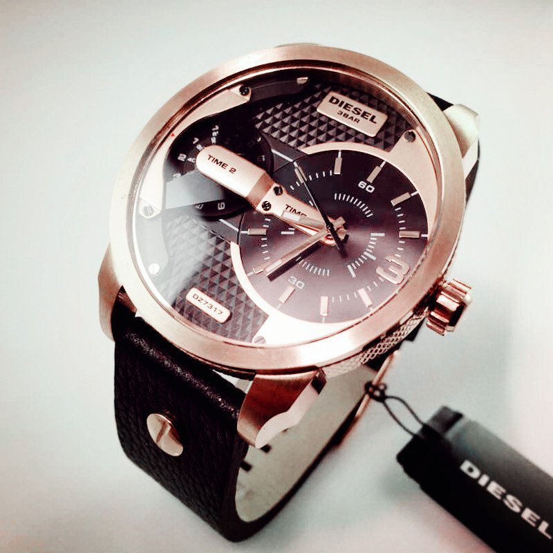 Diesel Mini Daddy Dual Time Black & Gold Dial Black Leather Strap Watch For Men - DZ7317 Buy Now By Diesel