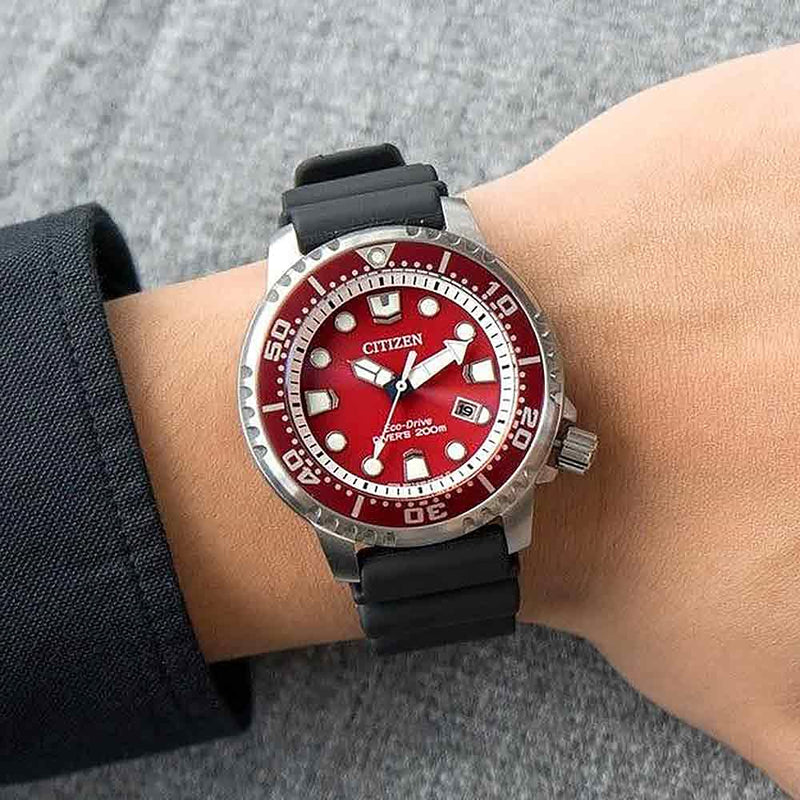 Citizen Eco Drive Promaster Marine Red Dial Black Rubber Strap Watch For Men - BN0159-15X Buy Now By Citizen