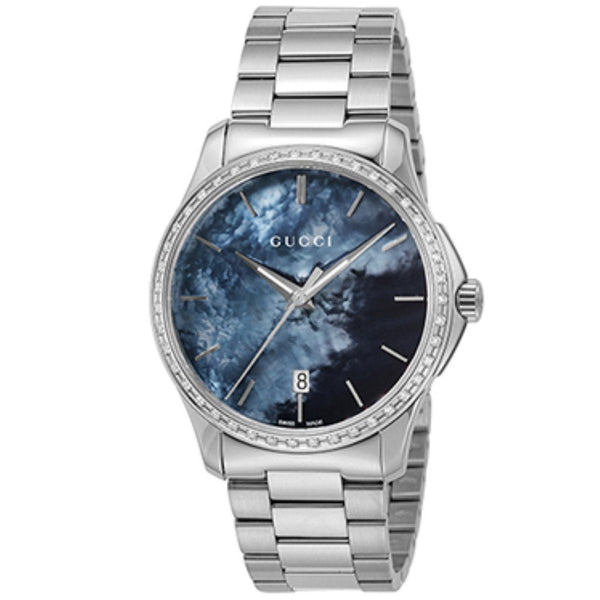 Shop Gucci G Timeless Diamonds Mother of Pearl Blue Dial Silver Steel Strap Unisex Watch - YA126458 in USA