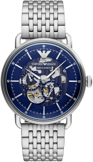 Emporio Armani Aviator Skeleton Blue Dial Silver Mesh Bracelet Watch For Men - AR60024