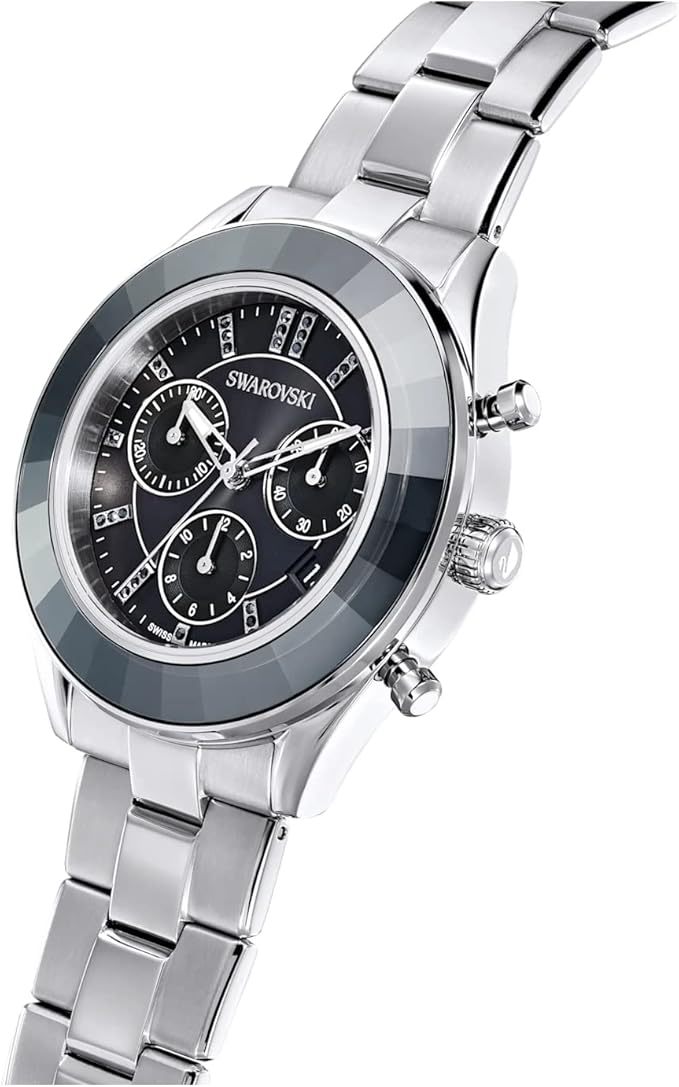 Shop Swarovski Octea Lux Sport Chronograph Black Dial Silver Steel Strap Watch for Women - 5610520 in USA