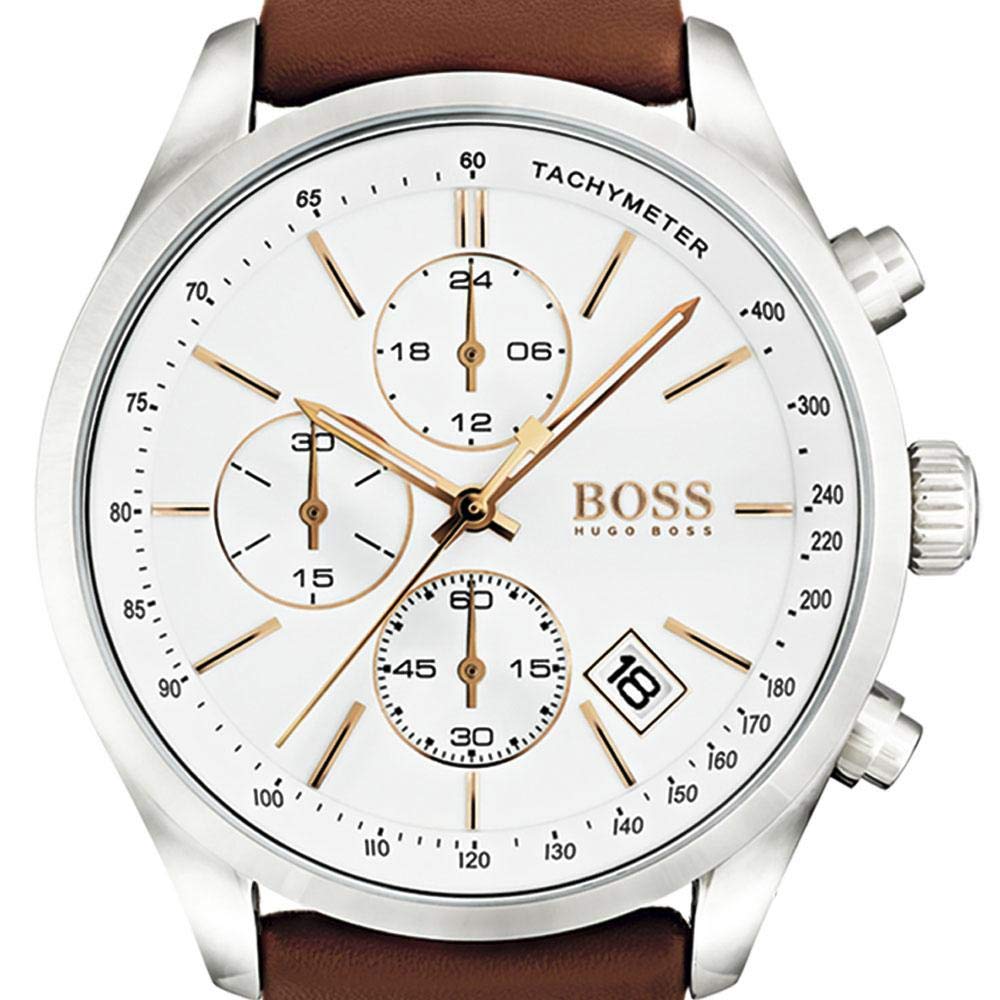 Hugo Boss Grand Prix White Dial Brown Leather Strap Watch for Men - 1513475