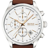 Hugo Boss Grand Prix Chronograph White Dial Brown Leather Strap Watch for Men - 1513475