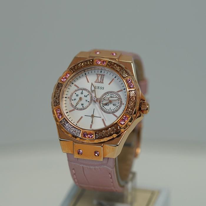 Shop Guess Limelight Quartz Analog White Dial Pink Leather Strap Watch For Women - W0775l3 in USA
