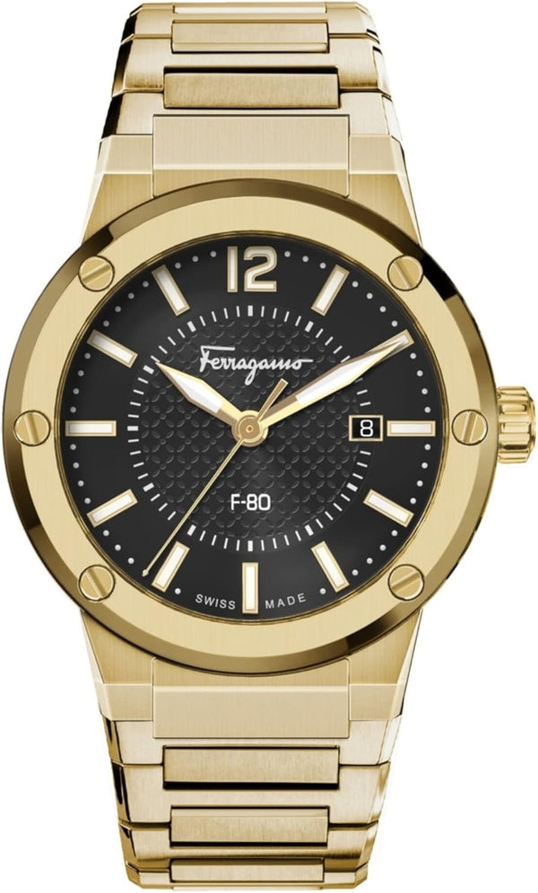 Shop Salvatore Ferragamo F-80 Classic Black Dial Gold Steel Strap Watch for Men - SFHY00821 in USA