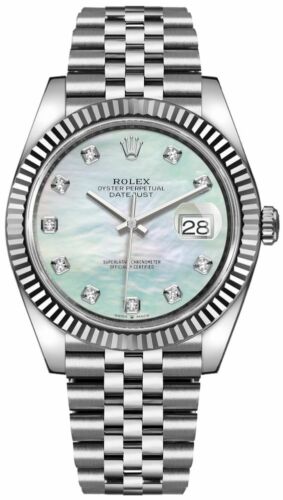 Shop Rolex Datejust 41 Diamonds Mother of Pearl Dial Silver Jubilee Bracelet Watch for Men - M126334-0020 in USA