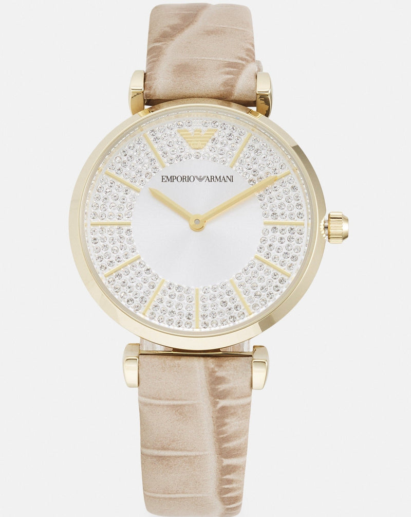 Emporio Armani Gianni T Bar Crystals Silver Dial Brown Leather Strap Watch For Women - AR11518 Buy Now By Emporio Armani