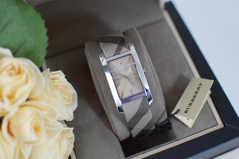 Shop Burberry Nova Check Silver Dial Two Tone Leather Strap Watch For Women - BU9404 in USA