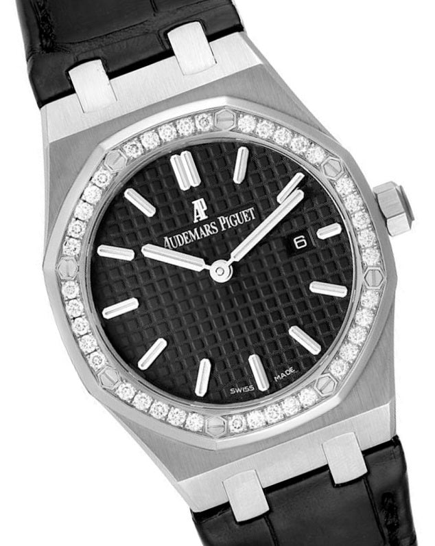 Audemars Piguet Royal Oak Quartz Diamonds Black Dial Black Leather Strap Watch for Women - 67621ST.ZZ.D002CR.01