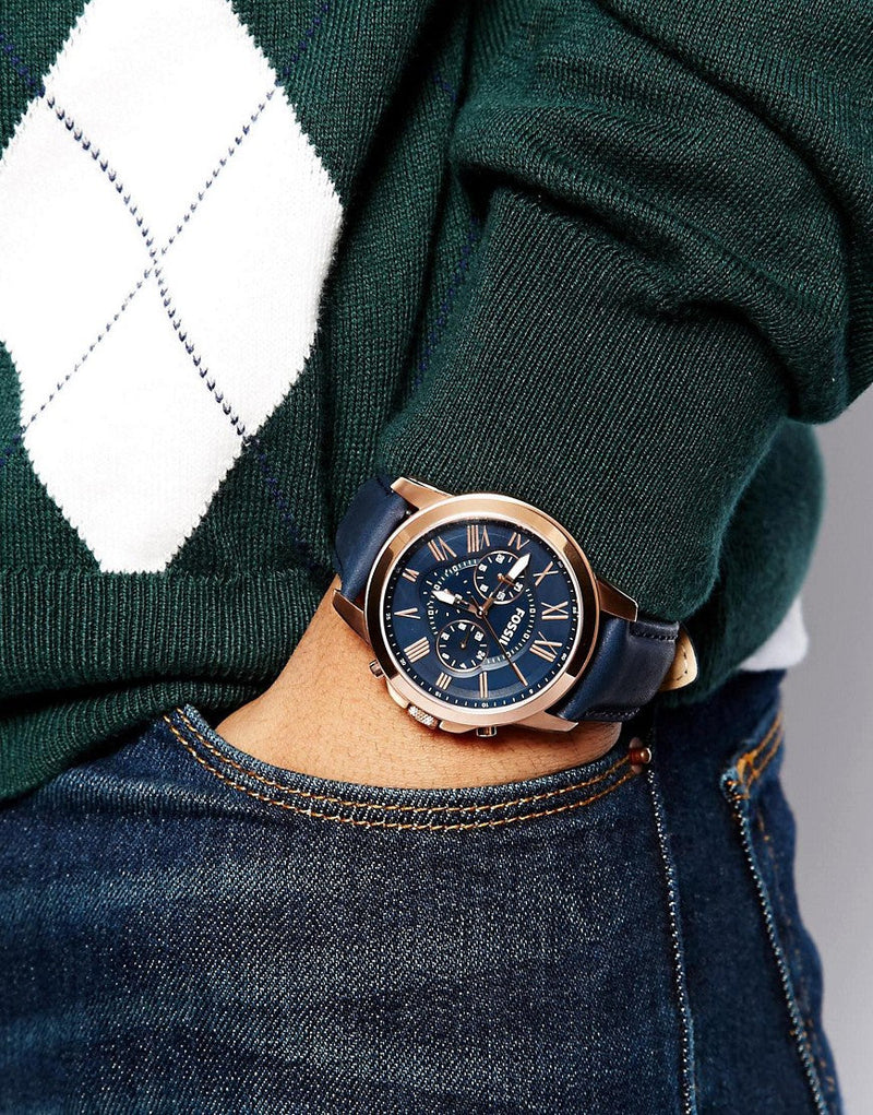 Fossil Grant Chronograph Blue Dial Blue Leather Strap Watch for Men - FS4835 Buy Now By Fossil