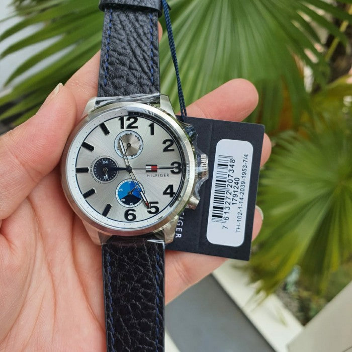 Shop Tommy Hilfiger Jackson Silver Dial Black Leather Strap Watch for Men - 1791240 in USA
