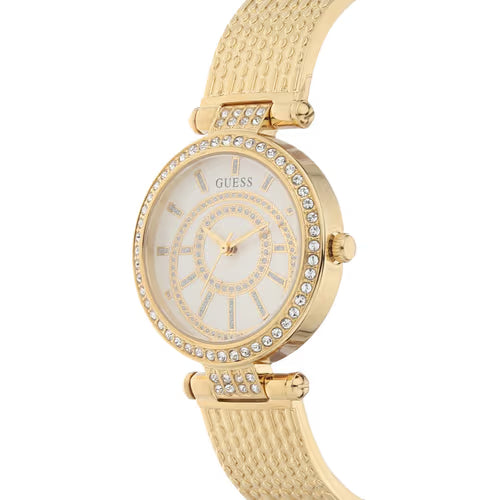 Guess Muse Crystals White Dial Rose Gold Steel Strap Watch For Women - W1008L2