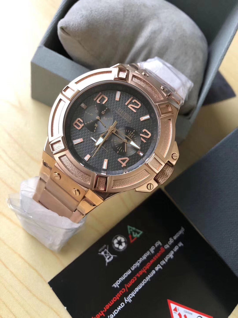 Guess Rigor Multi Function Black Dial Rose Gold Steel Strap Watch For Men - W0218G3 Buy Now By Guess