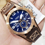 Shop Fossil Nate Chronograph Blue Dial Brown Leather Strap Watch for Men - JR1505 in USA