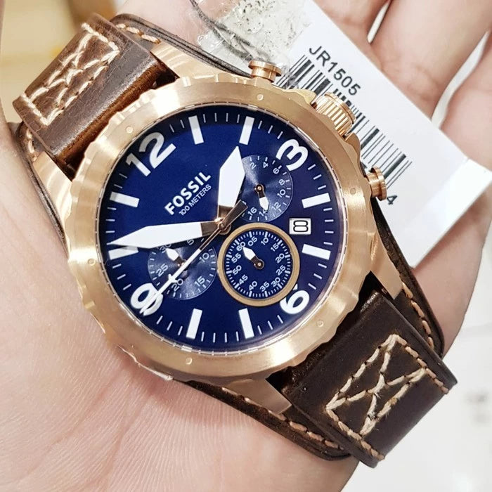Shop Fossil Nate Chronograph Blue Dial Brown Leather Strap Watch for Men - JR1505 in USA