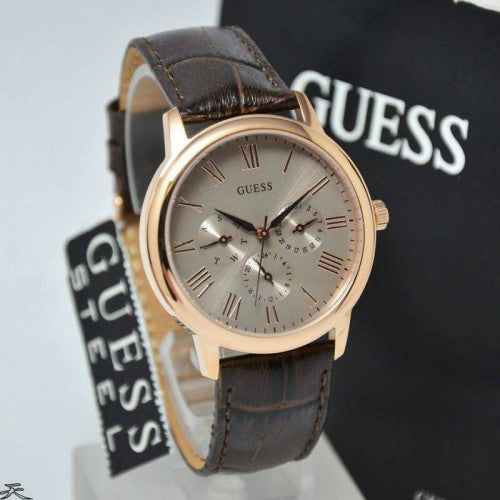 Guess Wafer Quartz Beige Dial Brown Leather Strap Watch For Men - W0496G1 Buy Now By Guess