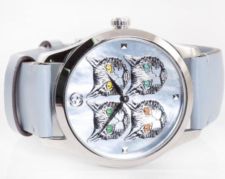 Shop Gucci G Timeless Quartz Mother of Pearl Dial Blue Leather Strap Watch For Women - YA1264124 in USA