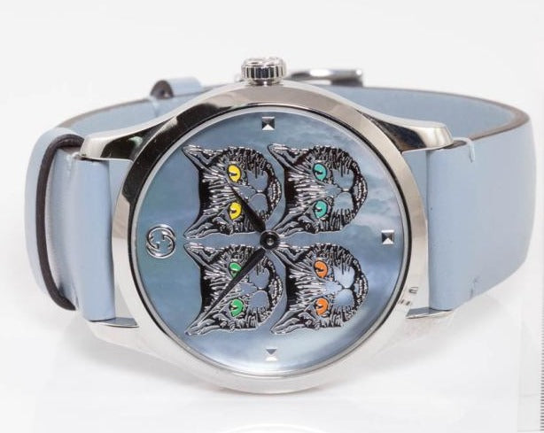 Shop Gucci G Timeless Quartz Mother of Pearl Dial Blue Leather Strap Watch For Women - YA1264124 in USA