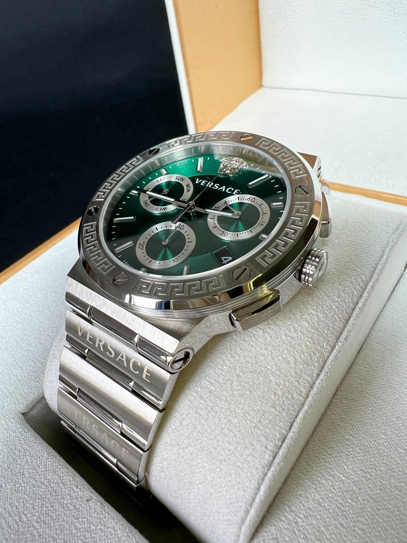 Versace Grace Chronograph Quartz Green Dial Silver Steel Strap Watch For Men - VEZ900121 Buy Now By Versace