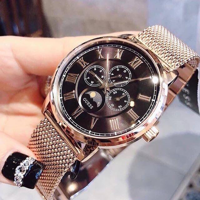 Shop Guess Delancy Black Dial Rose Gold Mesh Bracelet Watch for Men - W0871G5 in USA