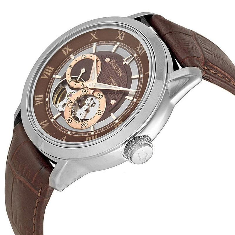 Shop Bulova Classic Skeleton Automatic Brown Dial Brown Leather Strap Watch for Men - 96A120 in USA