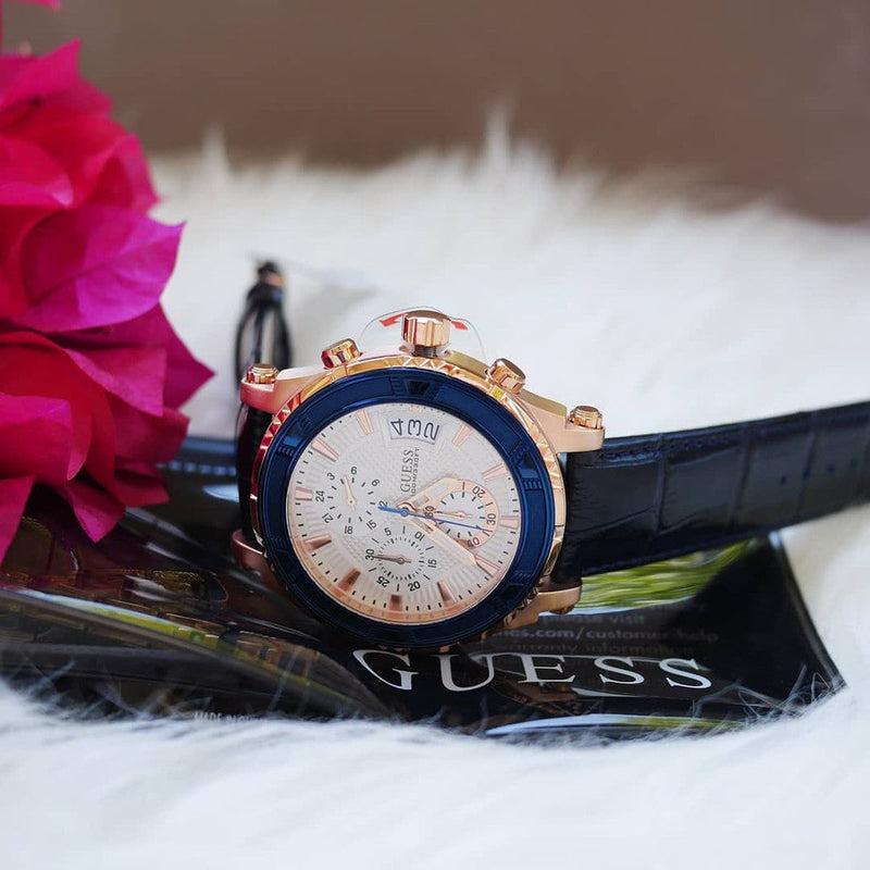 Shop Guess Pinnacle Chronograph White Dial Blue Leather Strap Watch For Men - W0673G6 in USA