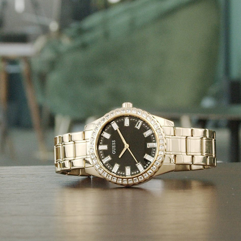Guess Sparkler Diamonds Black Dial Gold Steel Strap Watch for Women - GW0111L2 Buy Now By Guess